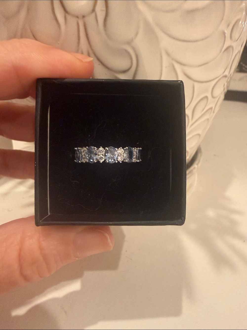 925 Sterling Ring — Lab-Created Tanzanite & Moissanite, Oval 5-Stone Band | Sz 7